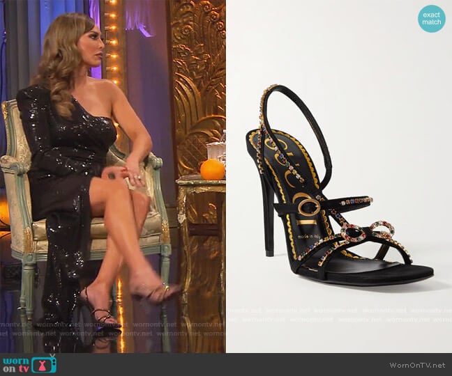 Carmen crystal-embellished suede sandals by Gucci worn by Kelly Dodd on The Real Housewives of Orange County