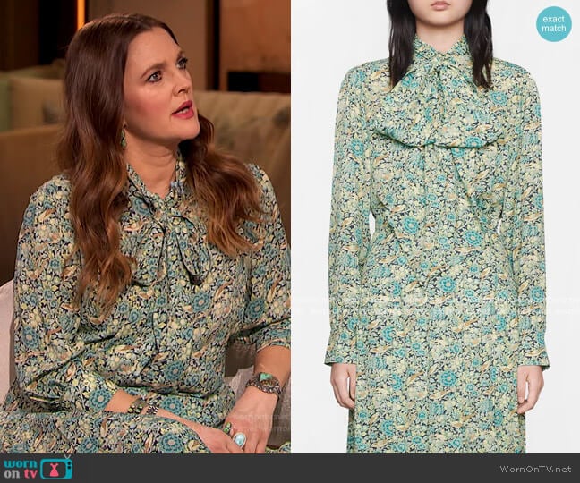 Liberty floral print blouse and skirt by Gucci worn by Drew Barrymore on The Drew Barrymore Show