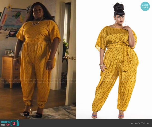 Polka Dot Boat Bat Sleeved Slouch Jumpsuit by Jibri worn by Mo (Alex Newell) on Zoeys Extraordinary Playlist