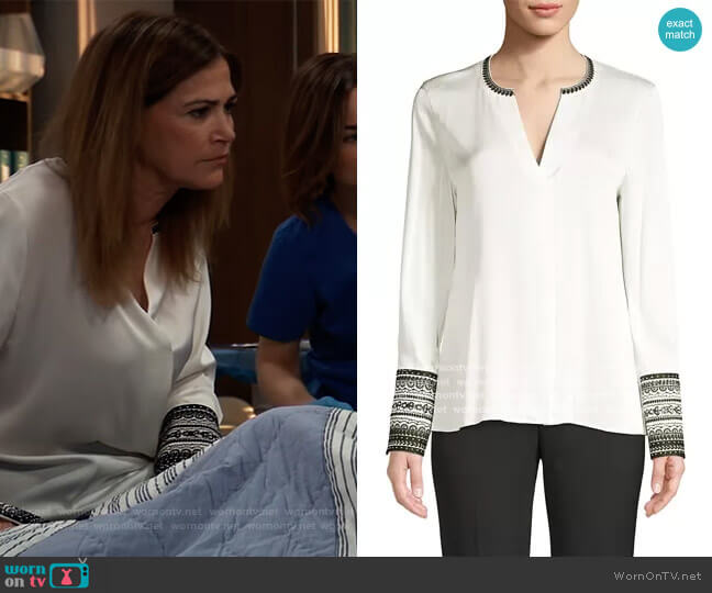 Jona Embroidered-Cuff Stretch-Silk Blouse by Kobi Halperin worn by Kim Delaney on General Hospital