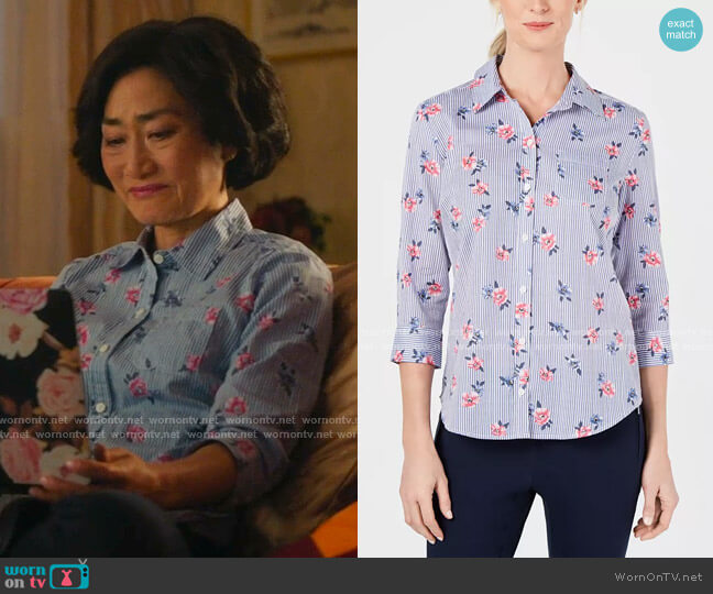 Francesca Floral Button-Up Shirt by Karen Scott worn by Mrs Kim (Jean Yoon) on Kims Convenience