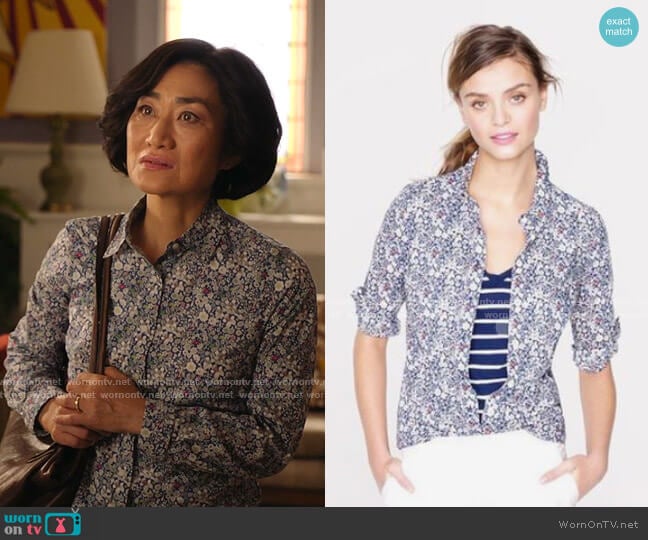 Liberty Perfect Shirt in Junes Meadow Floral by J.Crew worn by Mrs Kim (Jean Yoon) on Kims Convenience