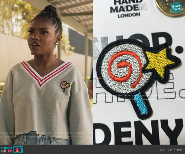 Lolly pop star swirl design patch by Handmaidenlonden at Etsy worn by Jillian (Ryan Destiny) on Grown-ish