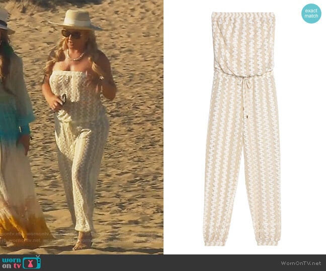 Stella crochet-knit jumpsuit by Melissa Odabash worn by Elizabeth Lyn Vargas on The Real Housewives of Orange County