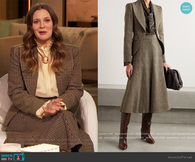 Chain-embellished houndstooth wool blazer and skirt by Michael Kors worn by Drew Barrymore on The Drew Barrymore Show