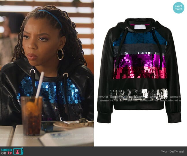 Sequinned Stripes Hoodie by No Ka' Oi worn by Jazlyn Forster (Chloe Bailey) on Grown-ish