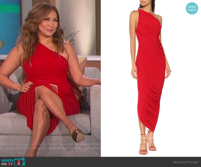 Diana jersey one-shoulder midi dress by Norma Kamali worn by Carrie Inaba on The Talk