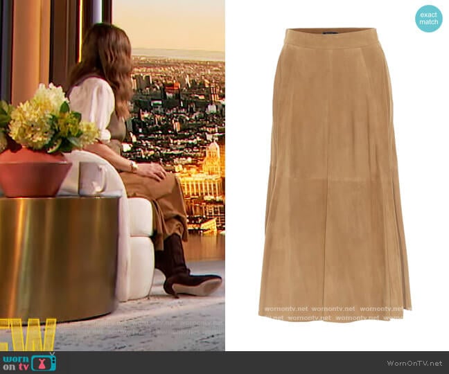 Suede midi skirt by Ralph Lauren worn by Drew Barrymore on The Drew Barrymore Show