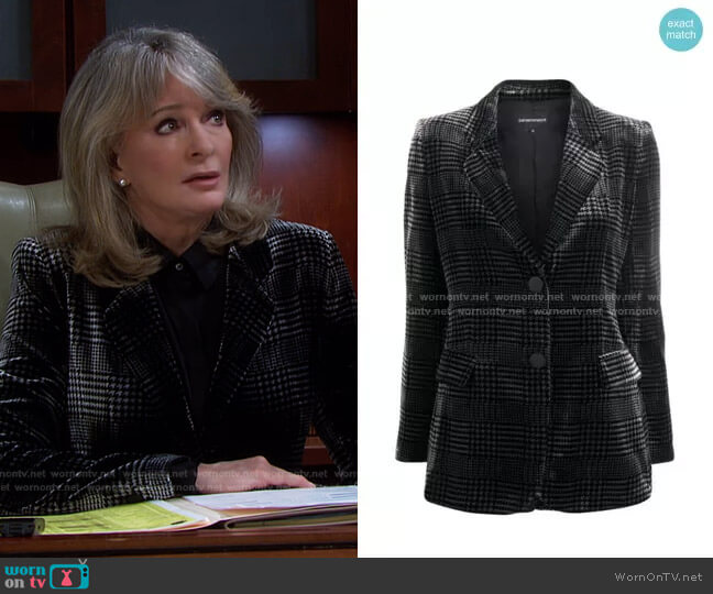 Printed-Velvet Plaid Jacket by Emporio Armani worn by Marlena Evans (Deidre Hall) on Days of our Lives