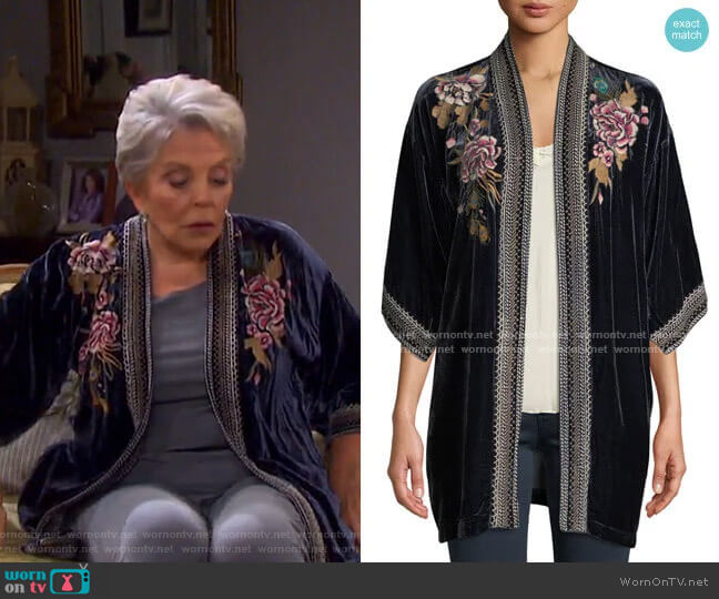 Quito Floral-Embroidered Velvet Kimono w/ Border Stitching by Johnny Was worn by Julie Olson Williams (Susan Seaforth Hayes) on Days of our Lives