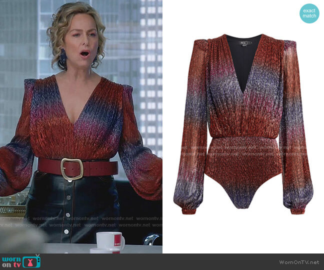 Rainbow Lurex Long-Sleeve Bodysuit by PatBO worn by Jacqueline (Melora Hardin) on The Bold Type