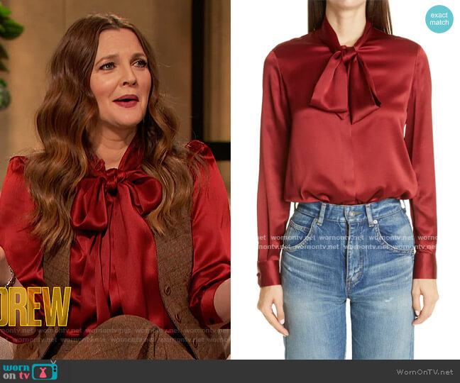 Tie Neck Silk Satin Blouse by Saint Laurent worn by Drew Barrymore on The Drew Barrymore Show