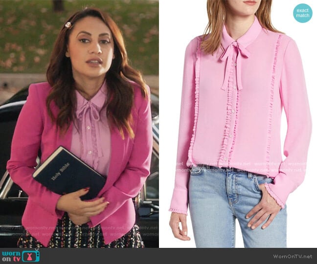 Ruffle Trim Tie Neck Top by Scotch and Soda worn by Ana Torres (Francia Raisa) on Grown-ish