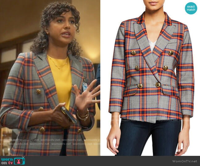 Smythe Mini Double-Breasted Plaid Blazer worn by Mikaela Shaw (Vella Lovell) on Mr Mayor