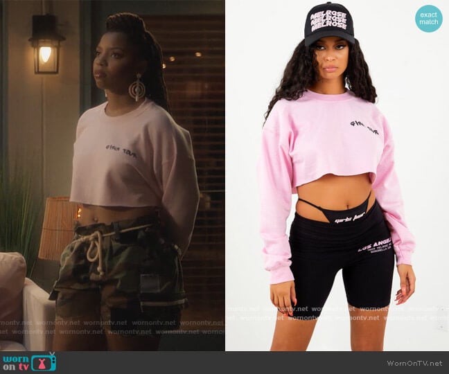 Girls Tour Cropped Sweatshirt by Sosorella worn by Jazlyn Forster (Chloe Bailey) on Grown-ish