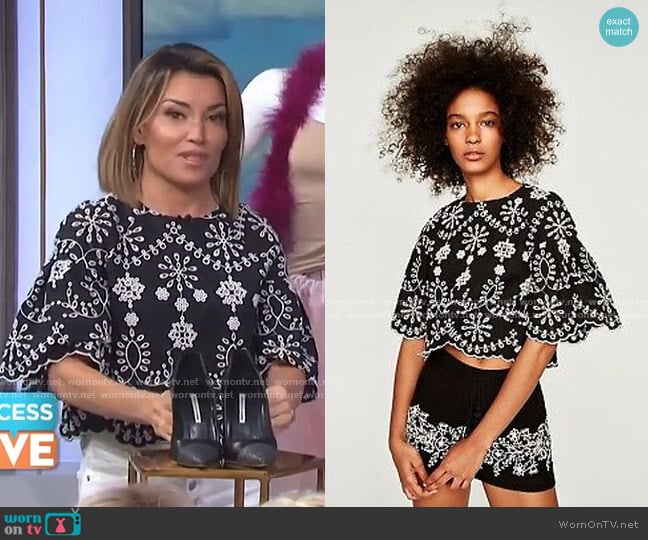 Top with Schiffli Embroidery by Zara worn by Kit Hoover on Access Hollywood