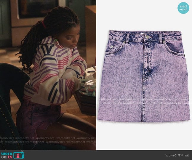 Purple Acid Wash Mini Skirt by Topshop worn by Skylar Forster (Halle Bailey) on Grown-ish