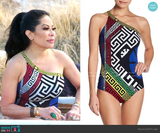 Colorblock Print One Shoulder One-piece Swimsuit by Versace worn by Jen Shah on The Real Housewives of Salt Lake City