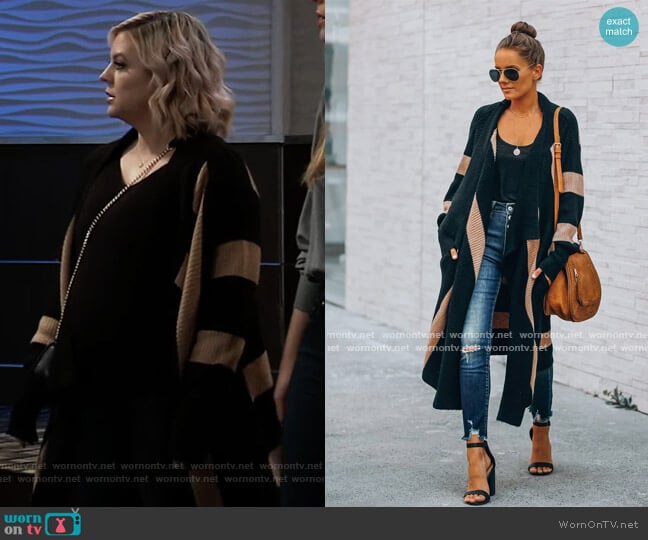 Edmonton Pocketed Striped Knit Cardigan by Vici worn by Maxie Jones (Kirsten Storms) on General Hospital