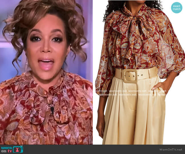 Ladybeetle Paisley Floral Tie-Neck Silk Blouse by Zimmermann worn by Sunny Hostin on The View