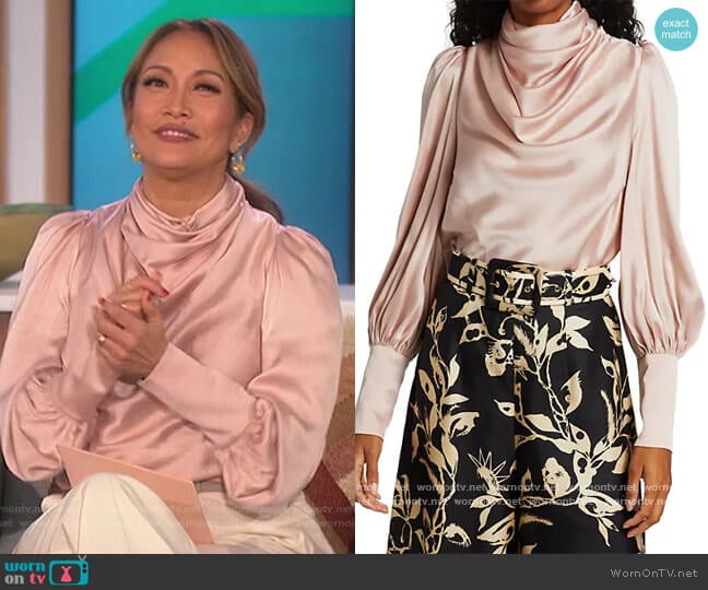 Silk Blend Cowlneck Blouse by Zimmermann worn by Carrie Inaba on The Talk