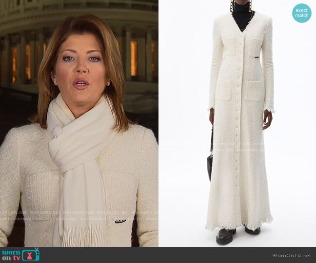 Frayed Tweed Maxi Coat Dress by Alexander Wang worn by Norah O'Donnell on CBS Evening News