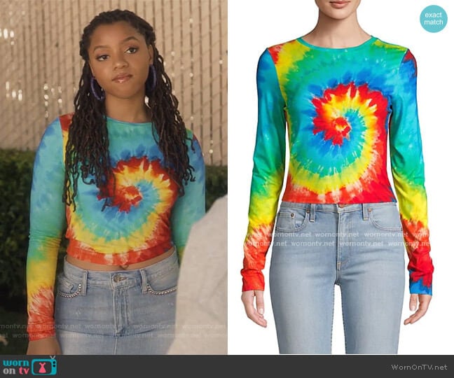 Delaina Rainbow Tie Dye Crew Top by Alice + Olivia worn by Jazlyn Forster (Chloe Bailey) on Grown-ish