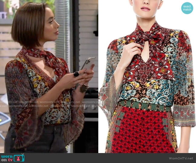 Alice + Olivia Elaina Top worn by Celia (Emma Caymares) on Call Your Mother