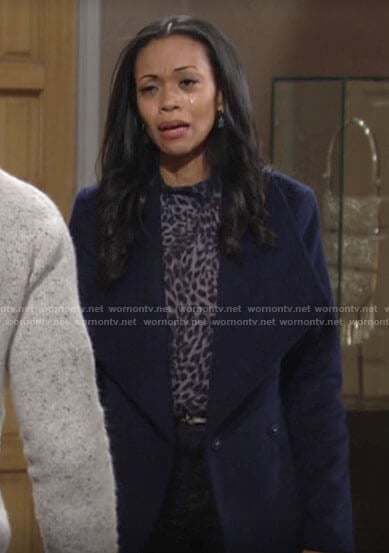 Amanda’s blue leopard print blouse and navy coat on The Young and the Restless