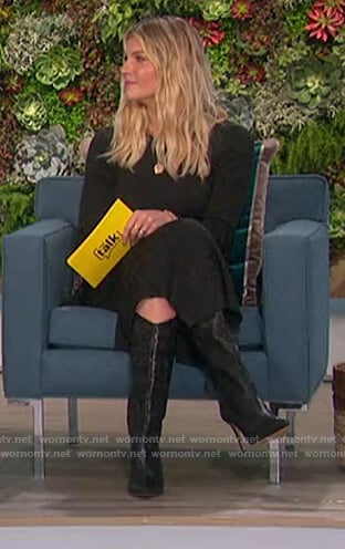 Amanda Kloots's black knitted asymmetric dress on The Talk