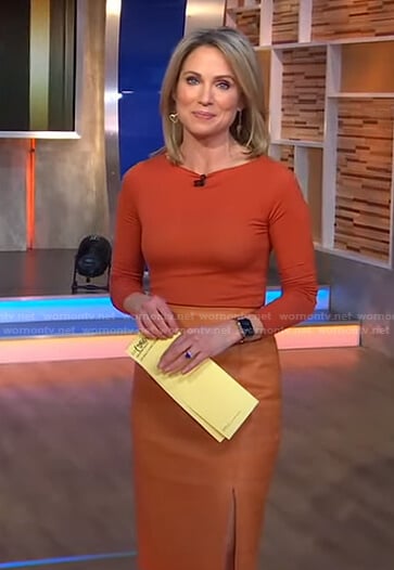 Amy’s orange top and leather skirt on Good Morning America