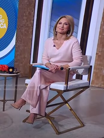 Amy’s pink sweater and satin pants on Good Morning America