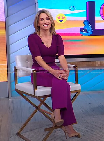 Amy’s purple puff sleeve sweater and pants on Good Morning America