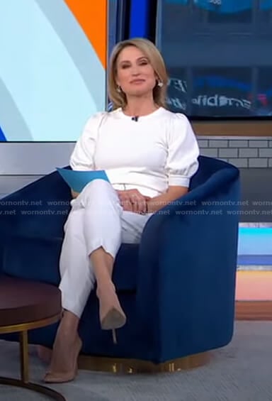 Amy’s white puff sleeve sweater and belted pants on Good Morning America