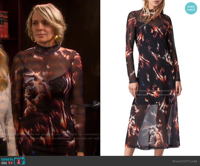 Hanna Flames Mesh A-Line Midi Dress by All Saints worn by Nicole Walker (Arianne Zucker) on Days of our Lives