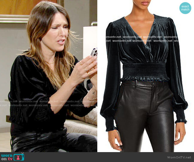 Aqua Smocked Velvet Cropped Top worn by Chloe Mitchell (Elizabeth Hendrickson) on The Young and the Restless