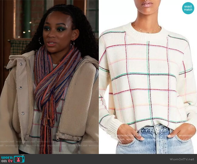 Plaid Crewneck Cashmere Sweater by Aqua Cashmere worn by Trina (Sydney Mikayla) on General Hospital