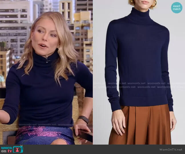 WornOnTV: Kelly’s navy turtleneck sweater and floral skirt on Live with ...