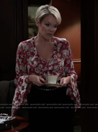 Ava’s red floral ruffle blouse on General Hospital