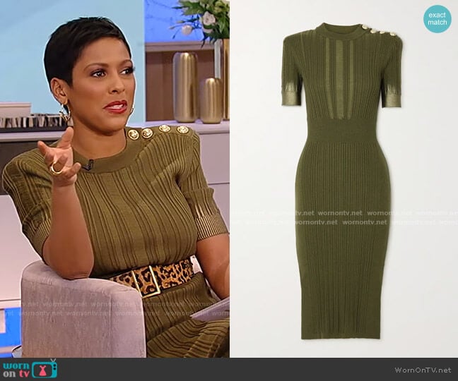 Button-Embellished Metallic Ribbed Midi Dress by Balmain worn by Tamron Hall on Tamron Hall Show