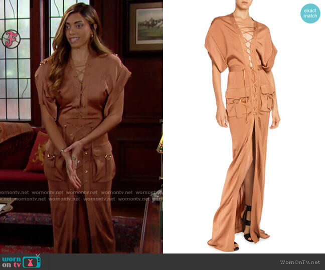 Balmain Dolman-Sleeve Lace-Front Cargo Maxi Dress worn by Zoe (Kiara Barnes) on The Bold and the Beautiful