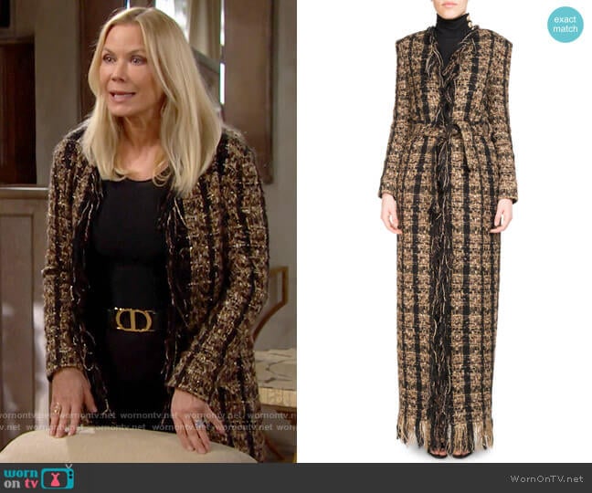 Balmain Tweed Floor-Length Belted Cardigan with Fringe worn by Brooke Logan (Katherine Kelly Lang) on The Bold and the Beautiful