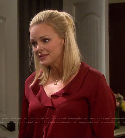 Belle's red ruffle front blouse on Days of our Lives