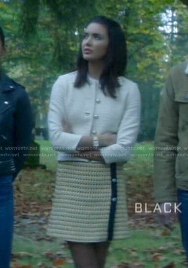 Bess's white tweed jacket and mini skirt on Nancy Drew