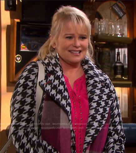 Bonnie’s pink studded blouse and houndstooth coat on Days of our Lives