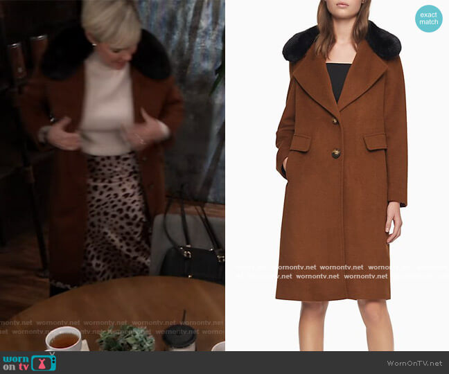 Single-Breasted Faux-Fur Collar Coat by Calvin Klein worn by Ava Jerome (Maura West) on General Hospital