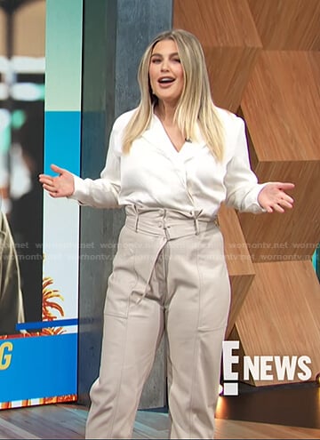 Carissa’s white blouse and leather belted pants on E! News Daily Pop