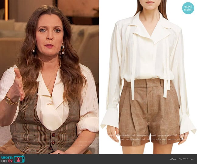 Double Tie Stripe Silk Jacquard Blouse by Chloe worn by Drew Barrymore on The Drew Barrymore Show