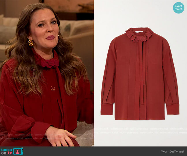 Embroidered tie-neck silk blouse by Chloe worn by Drew Barrymore  on The Drew Barrymore Show