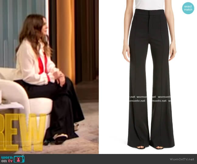 Side Stripe Pintucked Stretch Wool Flare Pants by Chloe worn by Drew Barrymore on The Drew Barrymore Show